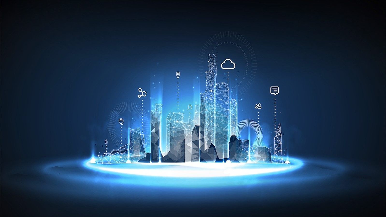 Mini model of a city with buildings in a digital world atop a glowing blue circle against a dark blue background with digital icons atop buildings